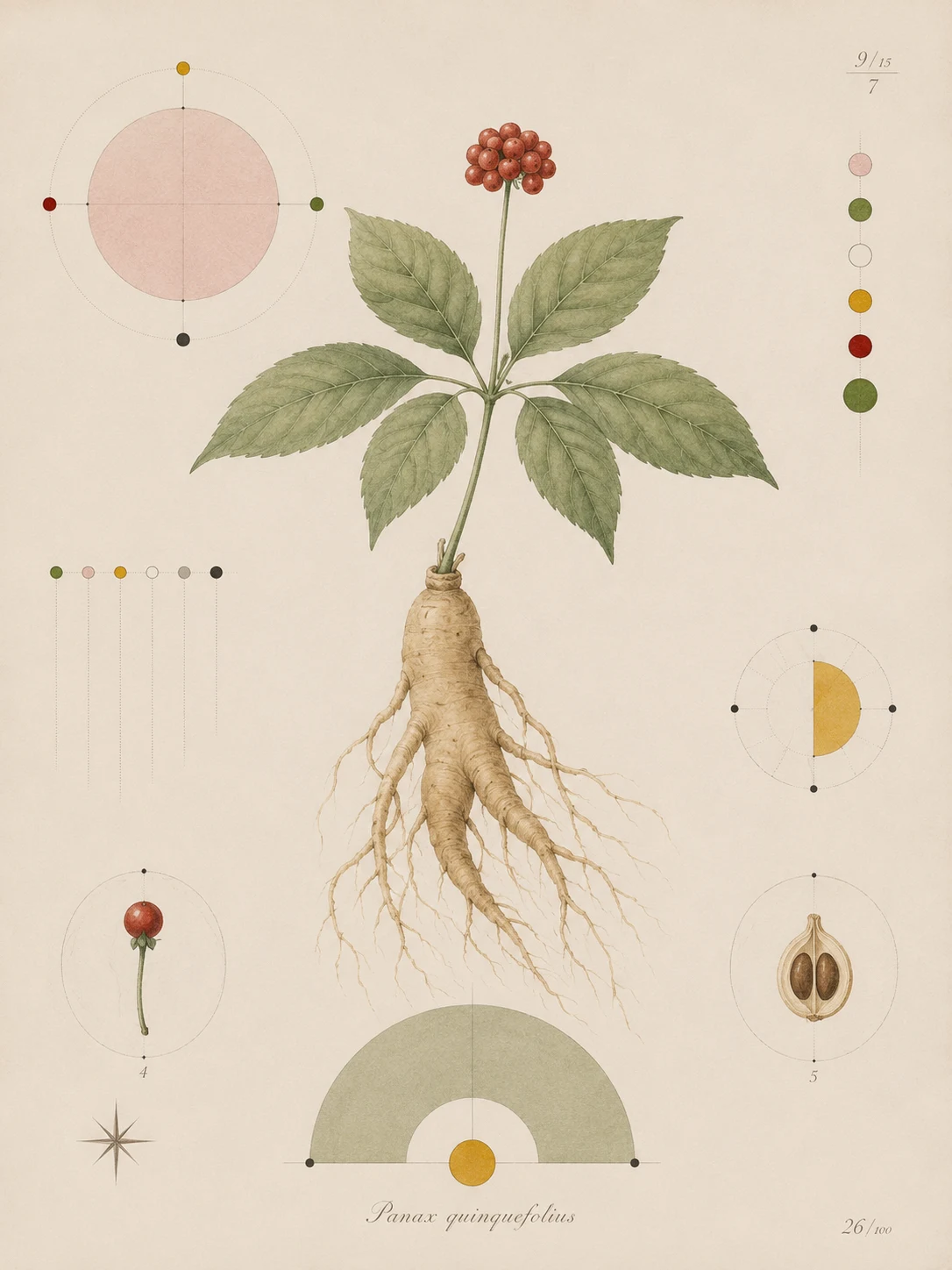 Botanical study of American ginseng, Panax quinquefolius.
