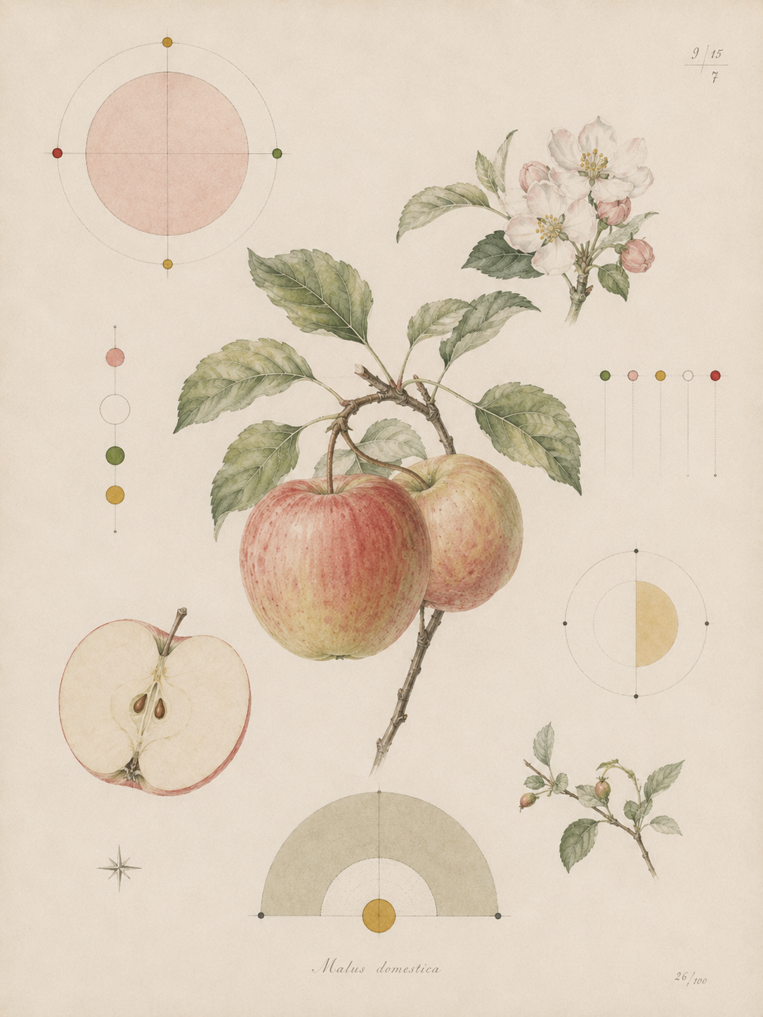 Botanical study of an apple branch with blossoms, fruit and geometric field diagrams.