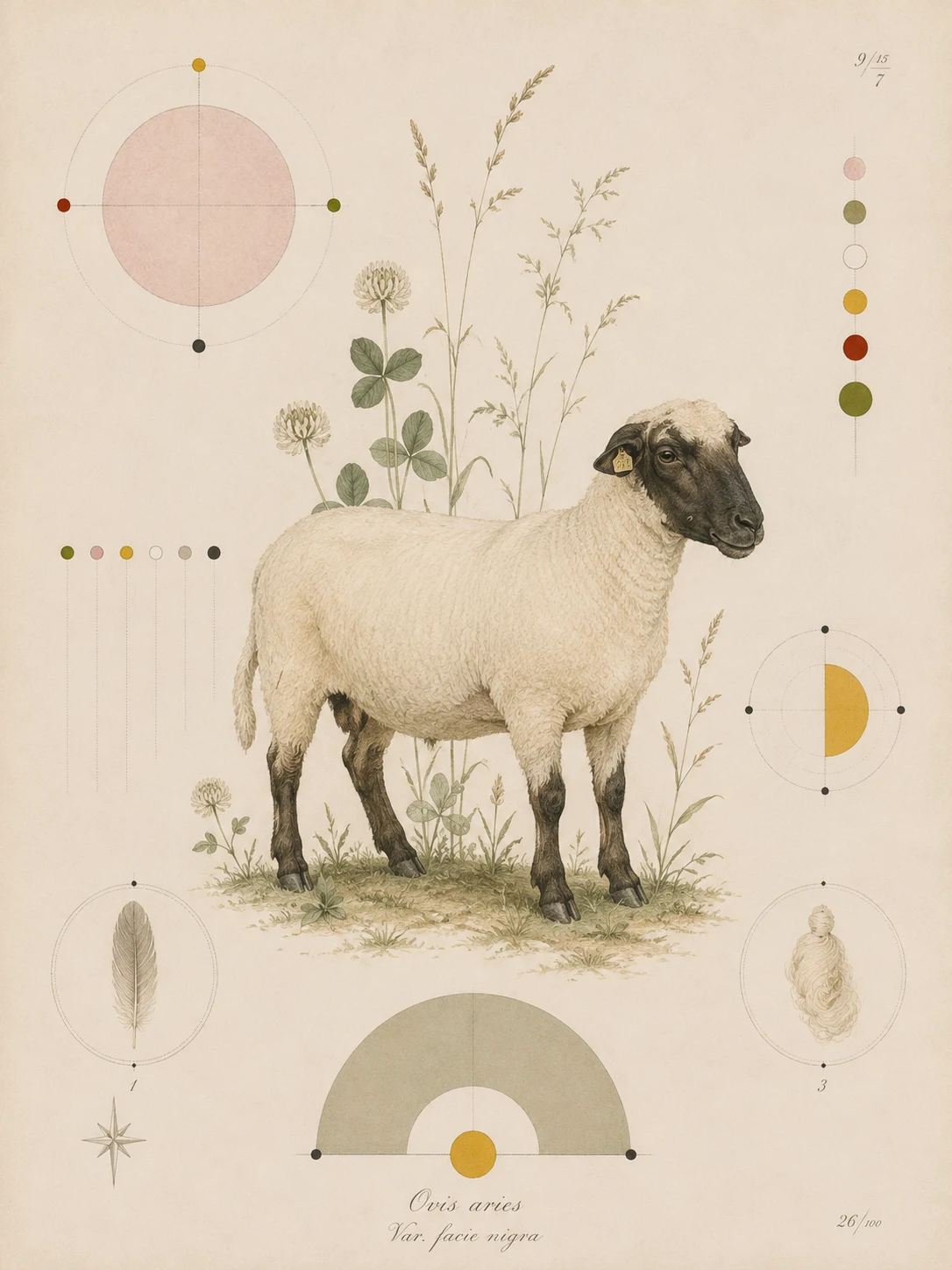 Botanical study of a black-faced sheep among grasses and clover.