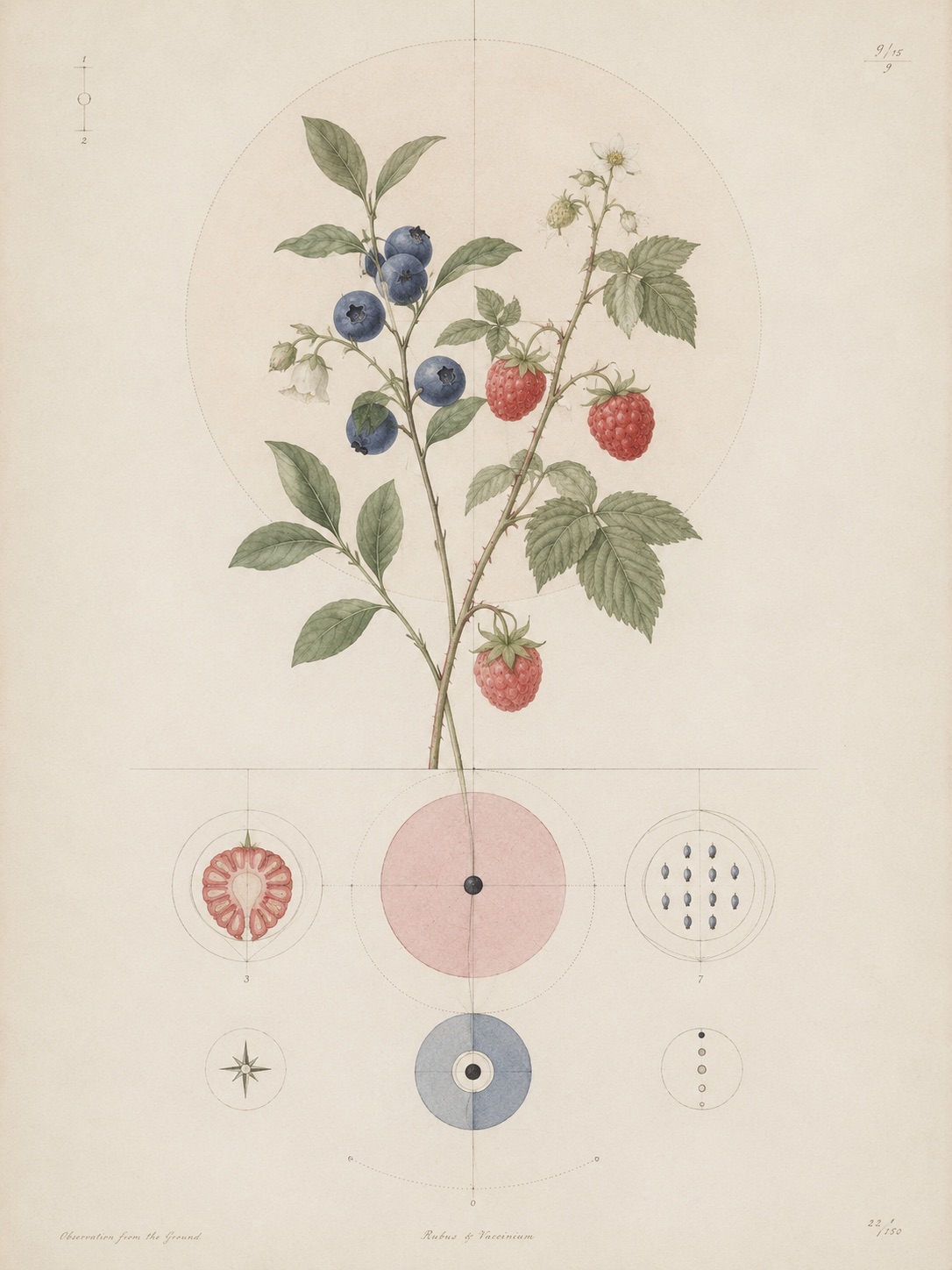 Botanical study of blueberry and raspberry branches.