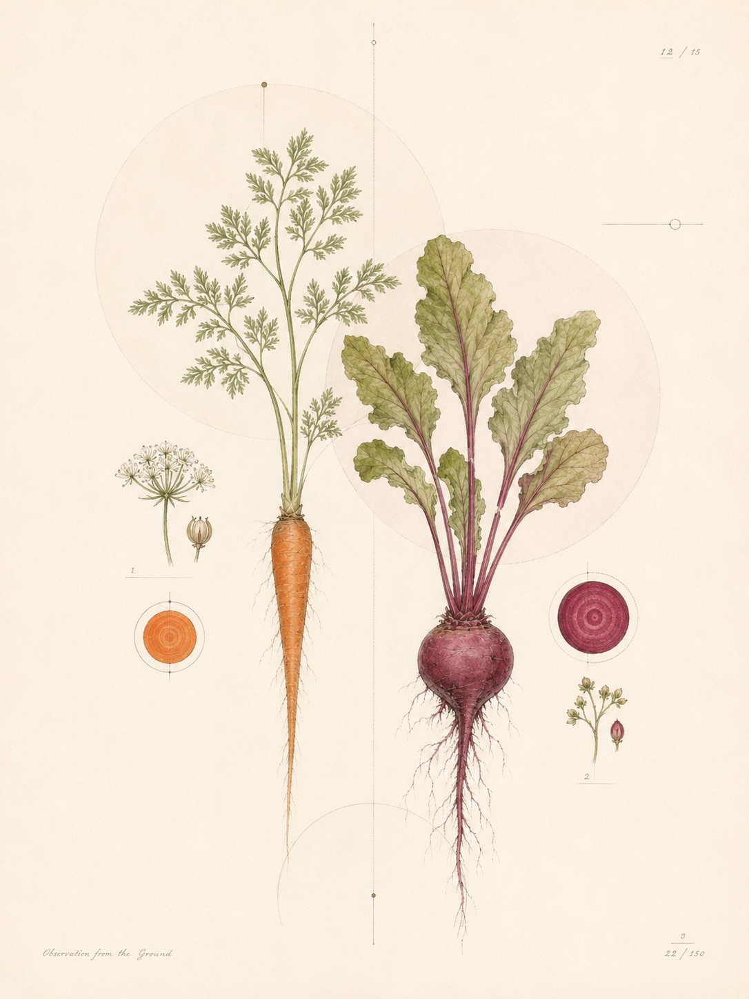 Botanical study of carrot and beet plants.