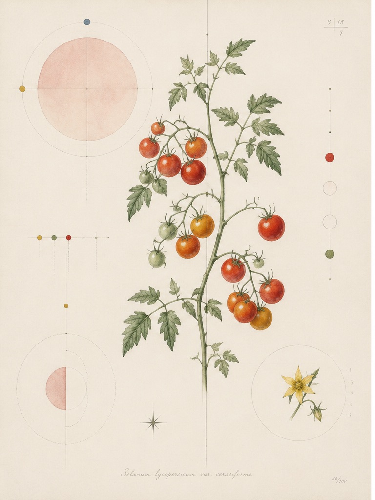 Botanical study of cherry tomato vines.