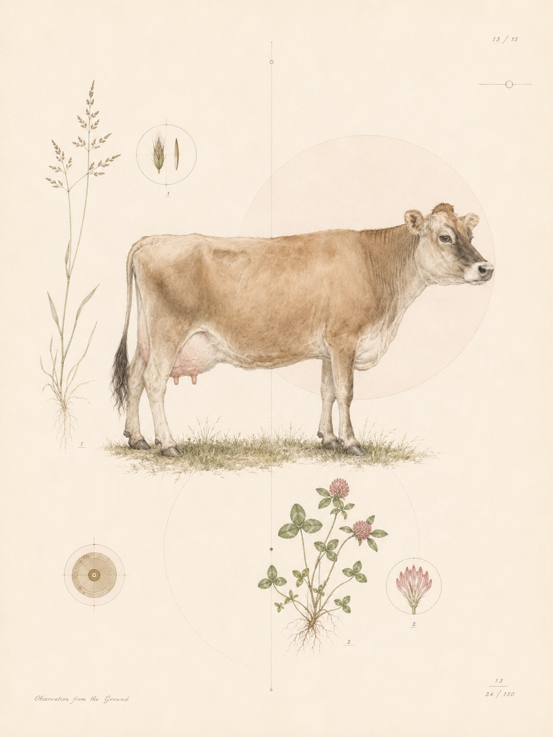 Botanical study of a cow, pasture grass and clover.