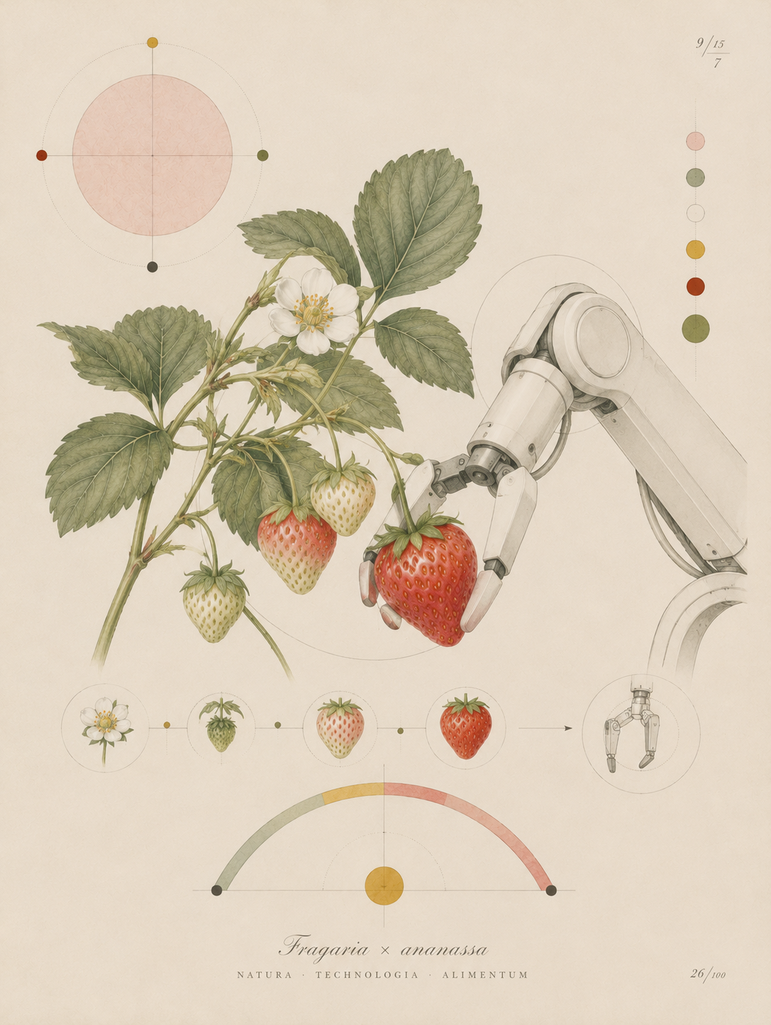 Botanical illustration of strawberry ripening stages and a robot gripper.