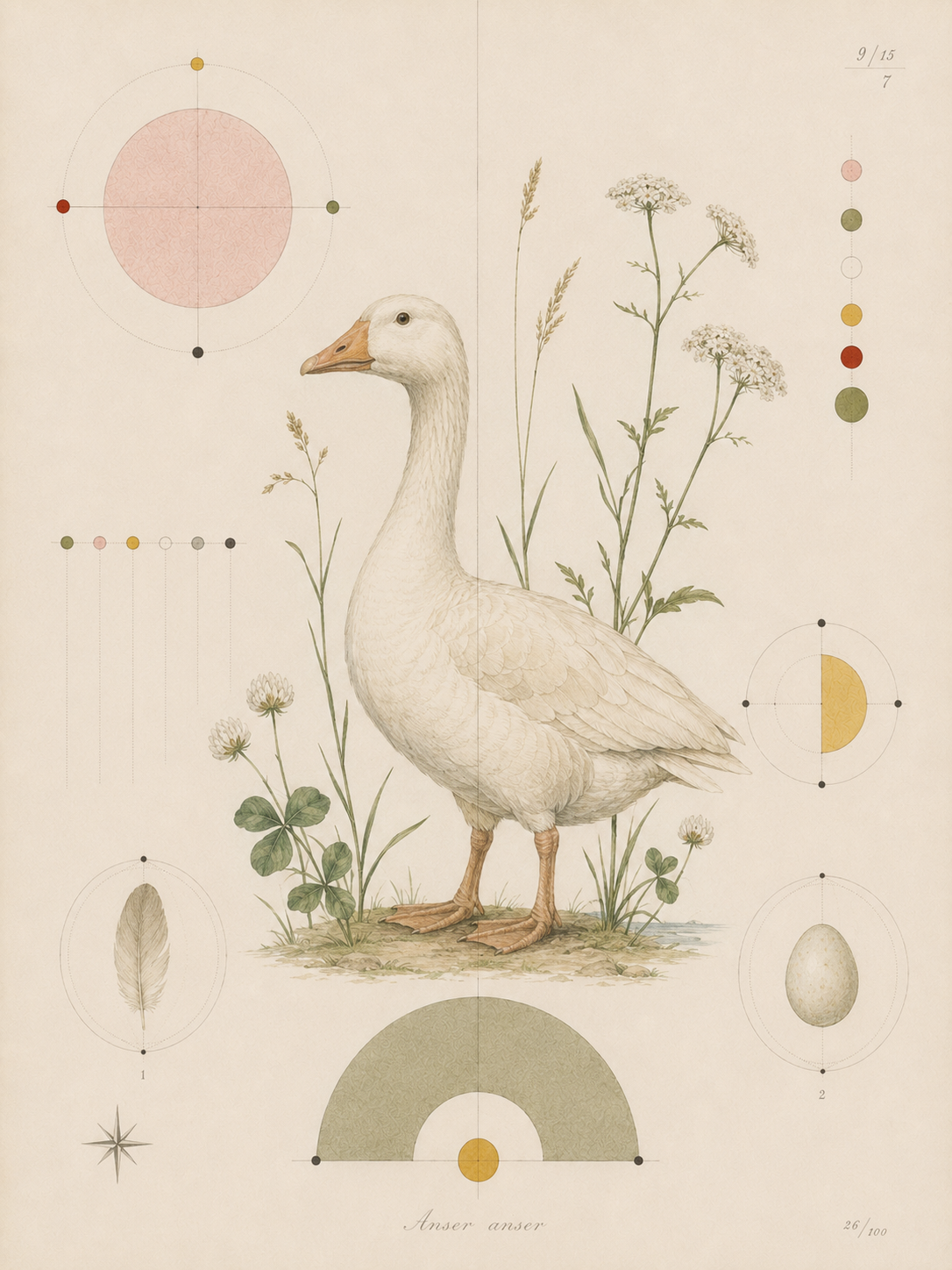 Botanical study of a goose among grasses and wildflowers.