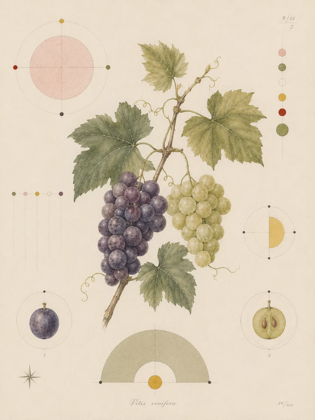 Botanical study of grapevines and grape clusters.